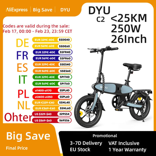 E-Bike DYU C2 350W Motor 36V15AH Removable Battery